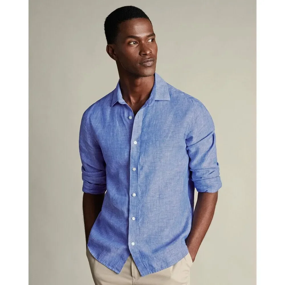 Charles Tyrwhitt Slim Fit Long Sleeve Linen Button Front Shirt Cobalt Blue Large